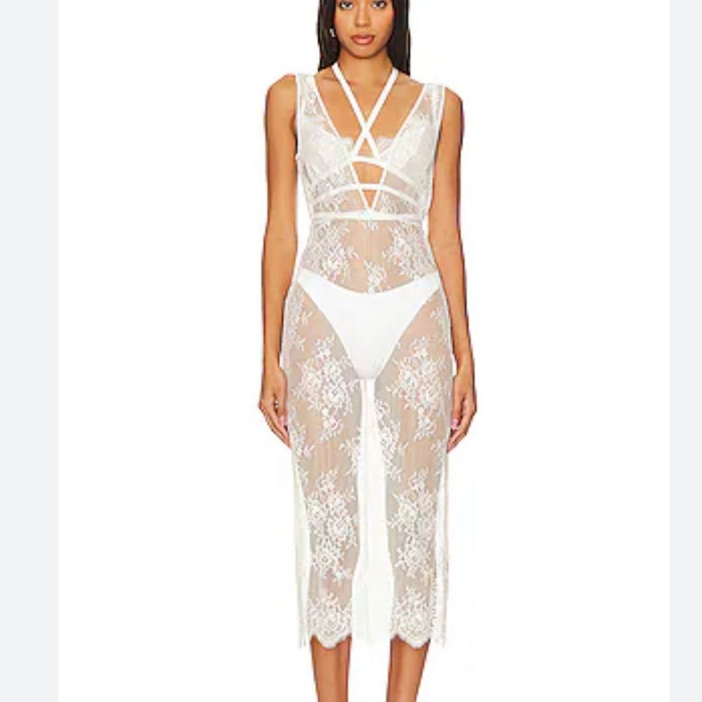 NBD Zola lace midi dress white sheer bralette bustier Revolve NWT L